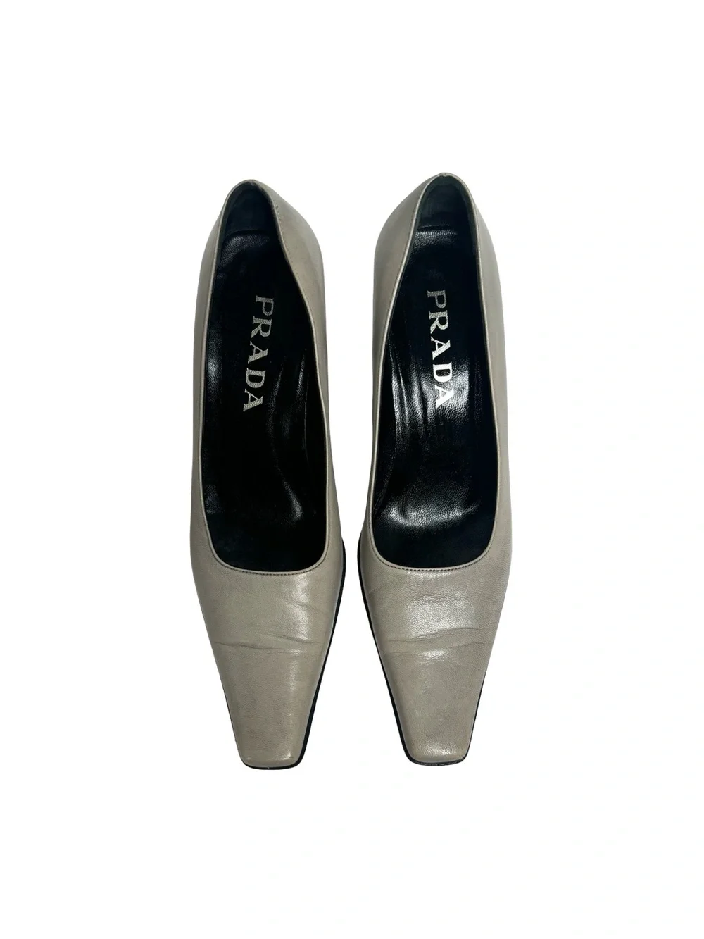 PRADA | Vintage 90s Grey Leather Square Toe Sculptural Block Heel Pump 36